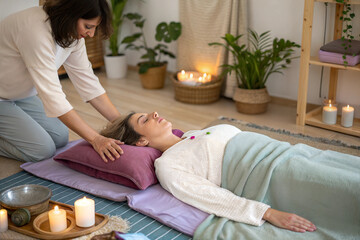 Woman having reiki healing treatment, alternative medicine concept.