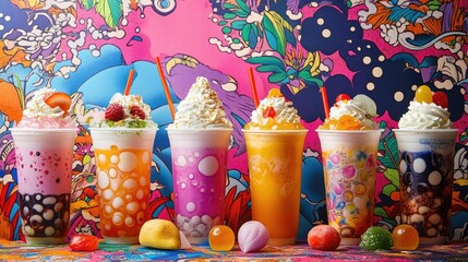 A fun composition of bubble tea cups with different toppings, including fruit jelly and whipped cream, set against a bright and lively patterned backdrop