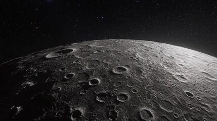 Craters on the lunar surface highlighted against a starry backdrop with Earth visible, illustrating themes of space exploration and lunar missions.