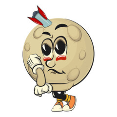 Moon mascot character illustration sad because hit by a rocket, cartoon mascot isolated, work of hand drawn