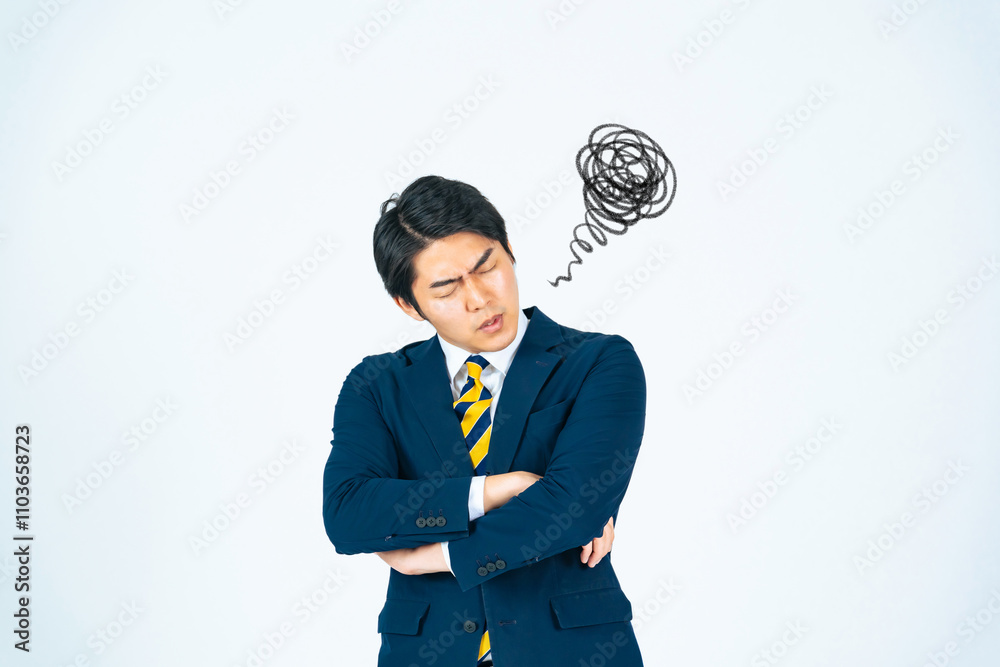 Leinwandbilder ストレス、落ち込む、悩む、困る、不安、心配、ビジネスマン、ビジネスパーソン、がっかり、ため息、仕事、考える、悩み、疑問、不満、トラブル、問題、課題、憂鬱、残念、緊張、プレッシャー、イライラ、疲労、後悔、悔しい、嫉妬、挫折、ビジネス、転職、若い、男性、日本人、コピースペース、白バック、切り抜き、上半身、表情、管理職、経営、不景気、増税、出費、コスト、値上げ、インフレ、サラリーマン、会社員、スーツ、人