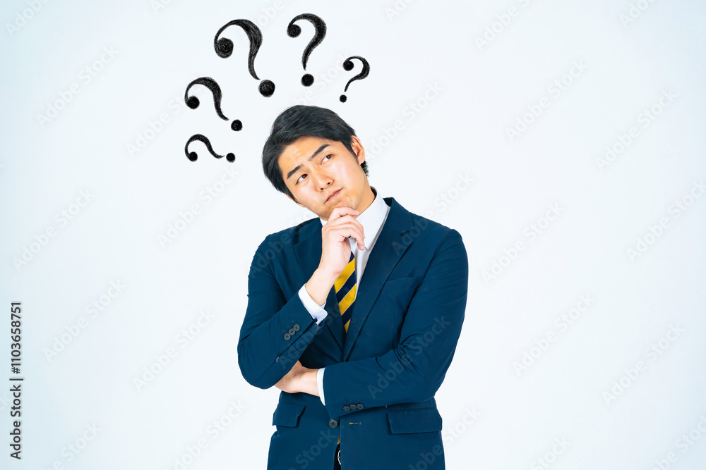 Leinwandbilder 疑問、考える、ビジネス、ビジネスマン、ビジネスパーソン、会社員、転職、サラリーマン、男性、日本人、不満、不安、心配、悩み、悩む、困る、トラブル、問題、課題、憂鬱、期待、希望、アイデア、想像、イメトレ、イメージトレーニング、発想、インスピレーション、ストレス、管理職、仕事、就職、スーツ、クエスチョンマーク、学習、記憶、忘れる、ADHD、発達障害、賃上げ、経営、経営者、FAQ、Q&A、質問、コピースペ
