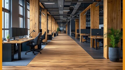 Modern office space with stylish desks, vibrant lighting, and neutral tones