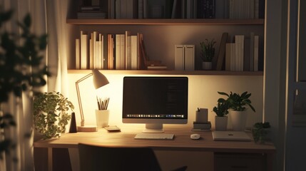 Fototapeta premium Cozy Home Office Setup 3D Illustration Night Workspace Desk Computer Plants Books