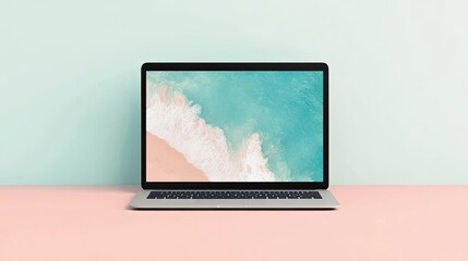 Fototapeta premium Laptop Displaying a Beach Scene on a Pink Surface