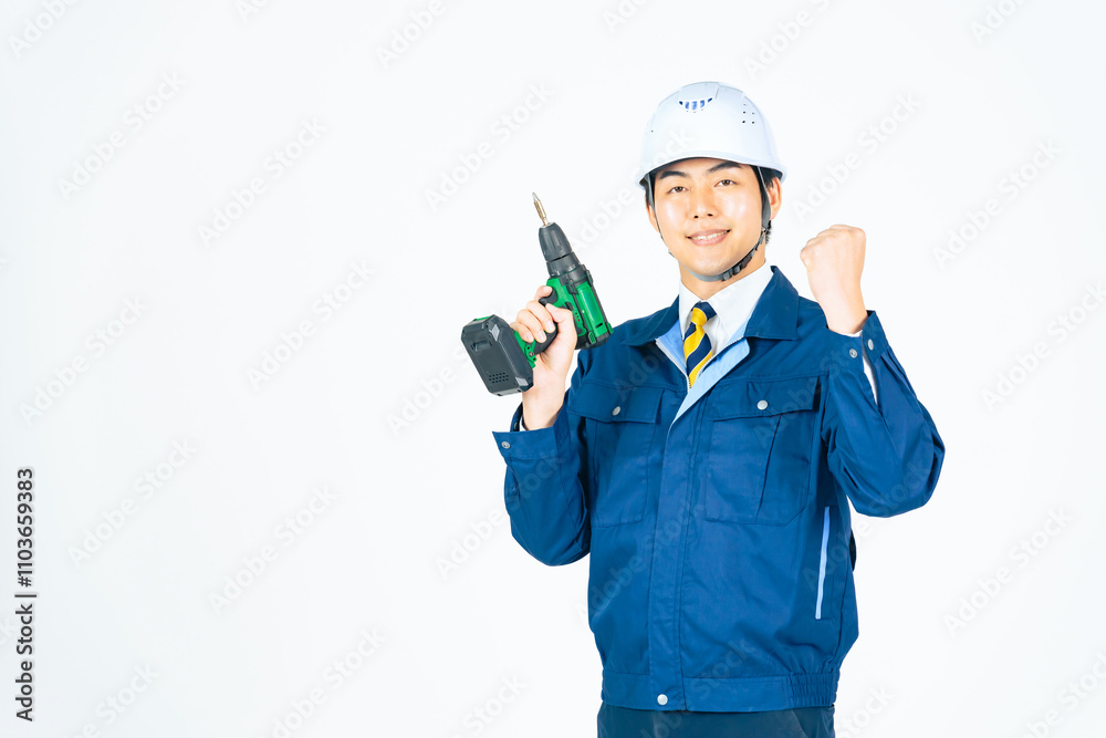 Aufkleber エンジニア、作業員、工事、建設、工具、ドライバー、電動、ドリル、建築、組み立て、DIY、安全、ヘルメット、大工、職人、修理、笑顔、男性、日本人、ガッツポーズ、やる気、元気、やりがい、モチベーション、ポジティブ、がんばる、努力、応援、合格、挑戦、チャレンジ、工務店、ゼネコン、工場、産業、仕事、自信、技術者、技師、白バック、切り抜き、人材、メンテナンス、点検、リフォーム、働く、業者、成功、完成、人物