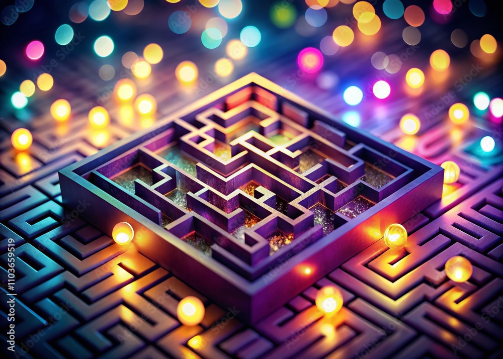 Poster isometric labyrinth maze design for web use with bokeh effect and 3d elements, ideal for modern digi