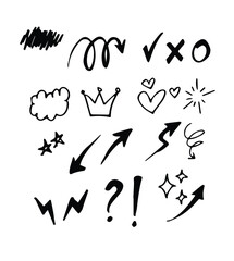 Line movement element, emotion effect decoration icon. Hand drawn doodle line element arrow, emphasis, wind, sparkle. Anime emotion, express shape.