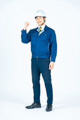 エンジニア、作業員、ガッツポーズ、チャレンジ、挑戦、パワー、笑顔、ポジティブ、努力、がんばる、成功、合格、資格、成長、やる気、元気、やりがい、モチベーション、応援、達成、目標、サクセス、ファイト、技術者、労働者、自信、業者、信頼、安全、男性、ヘルメット、全身、建設、工事、日本人、作業服、工務店、企業、会社員、仕事、転職、ゼネコン、白バック、切り抜き、人材、メンテナンス、点検、ビルメン、修理、人物