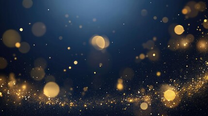 Obraz premium Navy blue abstract background adorned with shimmering gold stars and sparkling particles, creating a festive bokeh effect with a luxurious gold foil texture.