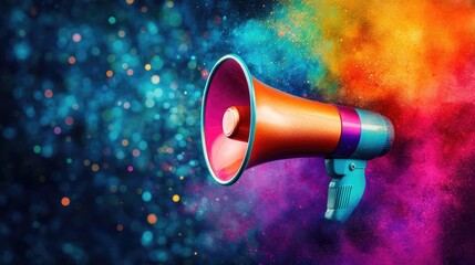 Colorful megaphone positioned against a vibrant, multicolored backdrop, symbolizing fun communication and energetic announcements in a lively setting.