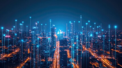 Aerial nighttime view of a city skyline featuring illuminated buildings and vibrant streetlights, enhanced with digital data points against a dark backdrop.