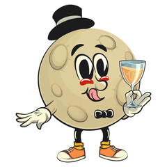 Moon mascot character illustration wearing hat and bow tie raising a wine glass, cartoon mascot isolated, work of hand drawn