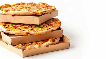 Stack of cardboard boxes with tasty pizza isolated against a white background.