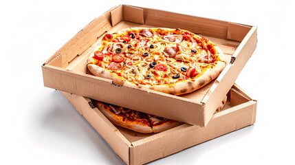 Stack of cardboard boxes with tasty pizza isolated against a white background.