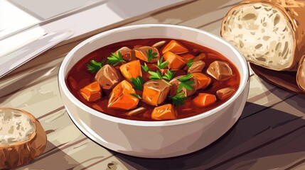 Bowl of hearty stew with carrots and meat garnished with parsley, paired with rustic bread on a wooden table highlighting traditional culinary art.