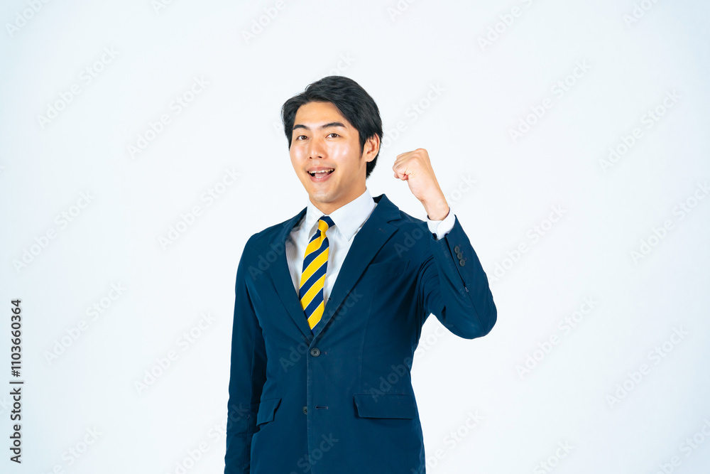 Poster ビジネスマン、ビジネス、ビジネスパーソン、ガッツポーズ、元気、やる気、チャレンジ、挑戦、満足、ポジティブ、笑顔、充実、やりがい、モチベーション、がんばる、努力、ファイティン、エキサイティング、応援、興奮、合格、達成、目標、サクセス、成功、仕事、サラリーマン、セールスマン、会社員、パワフル、営業、人材、プロフェッショナル、働く、切り抜き、コピースペース、サポート、根性、気合い、成長、スキルアップ、ス