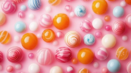 Colorful assortment of glossy candies including swirled and solid spheres arranged on a pink background, creating a whimsical and playful atmosphere.