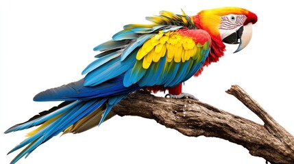 Vibrant Scarlet Macaw Perched on Rustic Branch in Profile View Capturing Nature's Beauty