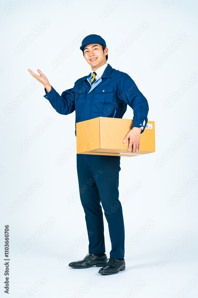 Leinwandbilder デリバリー、配達員、運送業、案内、荷物、配送、紹介、配達、アルバイト、引越し、業者、ガッツポーズ、元気、やりがい、仕事、宅配便、男性、全身、段ボール、宅急便、日本人、スタッフ、作業員、運送、物流、白バック、切り抜き、笑顔、作業服、倉庫、廃品回収、商品、センター、人材、若い、届ける、カメラ目線、プロ、セールスドライバー、引っ越し、ギグワーカー、誘導、おすすめ、ポジティブ、ガイド、お知らせ、告知、説明