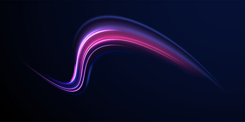 Light trail wave, fire path trace line, car lights, optic fiber and incandescence curve twirl. Big data traffic visualization, dynamic high speed, png, effect. Vector glowing lines air flow effect. 