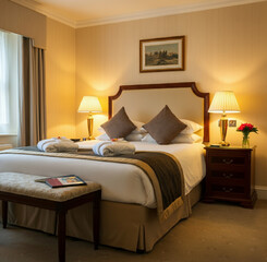 Elegant hotel bedroom with king-sized bed and cozy lighting.