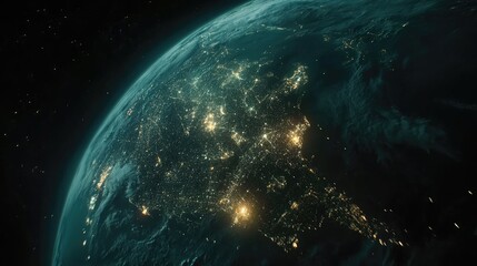 Obraz premium A futuristic satellite view of Earth with glowing city connections forming a global network; photorealistic, night-time palette, subtle neon accents
