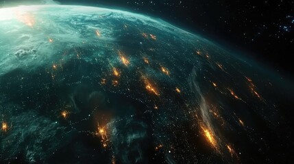 Obraz premium A futuristic satellite view of Earth with glowing city connections forming a global network; photorealistic, night-time palette, subtle neon accents