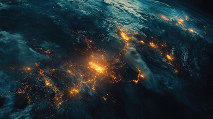 Obraz premium A futuristic satellite view of Earth with glowing city connections forming a global network; photorealistic, night-time palette, subtle neon accents