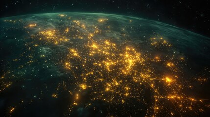 Obraz premium A futuristic satellite view of Earth with glowing city connections forming a global network; photorealistic, night-time palette, subtle neon accents