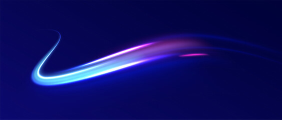 Magic bright shine glow of energy lines, shiny swirl power waves flow, electric trail glowing in dark background. Effect, png, wave,neon,line, speed, wavy, swirl,curve,speedy,vector.