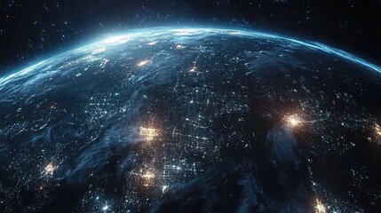 Obraz premium A futuristic satellite view of Earth with glowing city connections forming a global network; photorealistic, night-time palette, subtle neon accents