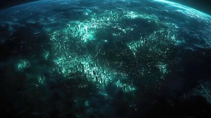 A futuristic satellite view of Earth with glowing city connections forming a global network; photorealistic, night-time palette, subtle neon accents