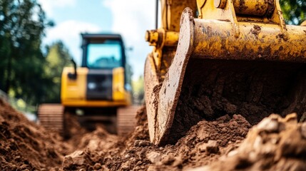 Construction Site Close-Up: Yellow Bulldozer Moving Soil with Trees in Background