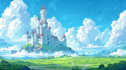 A picturesque castle against a cloudy sky in a lush green valley.