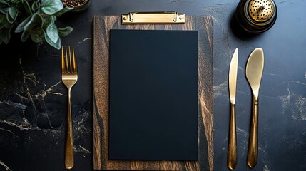 Elegant Black Menu On Wooden Clipboard With Gold Cutlery