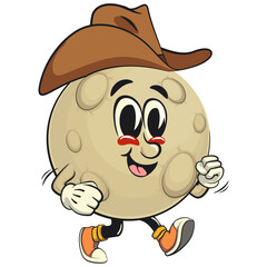 Moon mascot character illustration wearing a cowboy hat walking calmly, cartoon mascot isolated, work of hand drawn