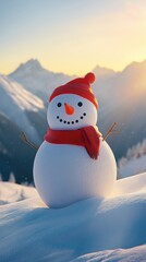Obraz premium Children building a snowman on a mountain slope in winter sunlight