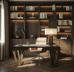 Modern office interior with stylish wood desk and bookshelf in warm ambience.