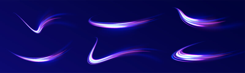 Acceleration speed motion on night road. Magic moving fast speed lines. Blurred car light motion effect, city road background with long exposure night lights. Png,  ray, abstract, energy, pack, effect