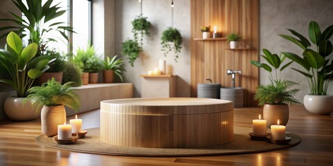 Round Wooden Podium for Product Display Against a Blurred Bathroom Background, Ideal for Showcasing Beauty Products, Spa Items, and Home Decor Essentials in a Relaxing Environment