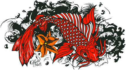 Poisson koi Tattoo old school style tatouage fleur de lys