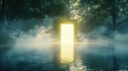 A glowing doorway stands above calm waters surrounded by mist, symbolizing new beginnings and possibilities in a serene, dreamlike landscape.