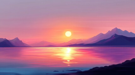 A serene landscape featuring a large water reservoir at sunset, with vibrant colors reflecting off the calm water surface and silhouettes of distant mountains