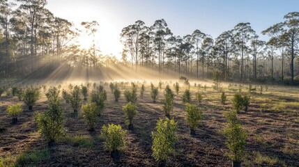 A serene morning scene of a forest restoration project, with mist rising among the saplings and rays of sunlight breaking through the canopy above