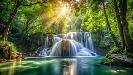 Fototapeta premium Serene Long Exposure of a Cascading Waterfall in a Lush Green Forest, Capturing the Tranquility of Nature with Soft Flowing Water and Vibrant Surroundings