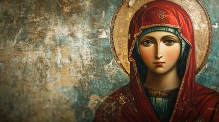 Religious Icon of a Virgin Mary in Traditional Style with Rich Colors and Textured Background, Featuring Ample Copy Space for Additional Text.