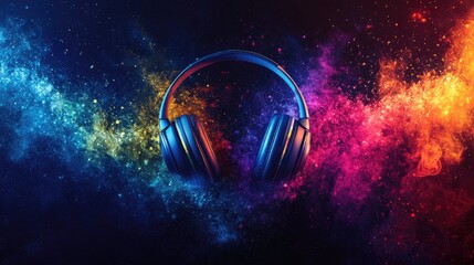 Vibrant abstract music celebration banner featuring headphones amidst a colorful dust background, symbolizing the joy of music and musical instruments.