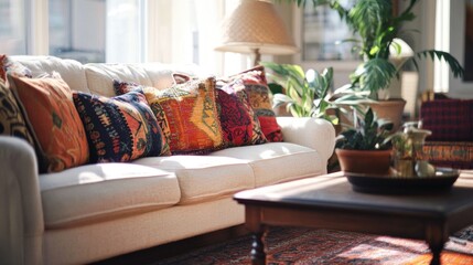 Cozy Living Room Interior with Plush Sofa and Vibrant Patterned Cushions in Natural Light