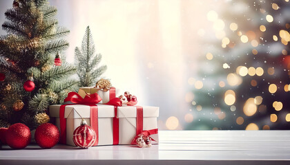 Empty of Christmas Blurred on Background. Blank Christmas. Gifts. Christmas Trees. Product Mockup. Copy space.